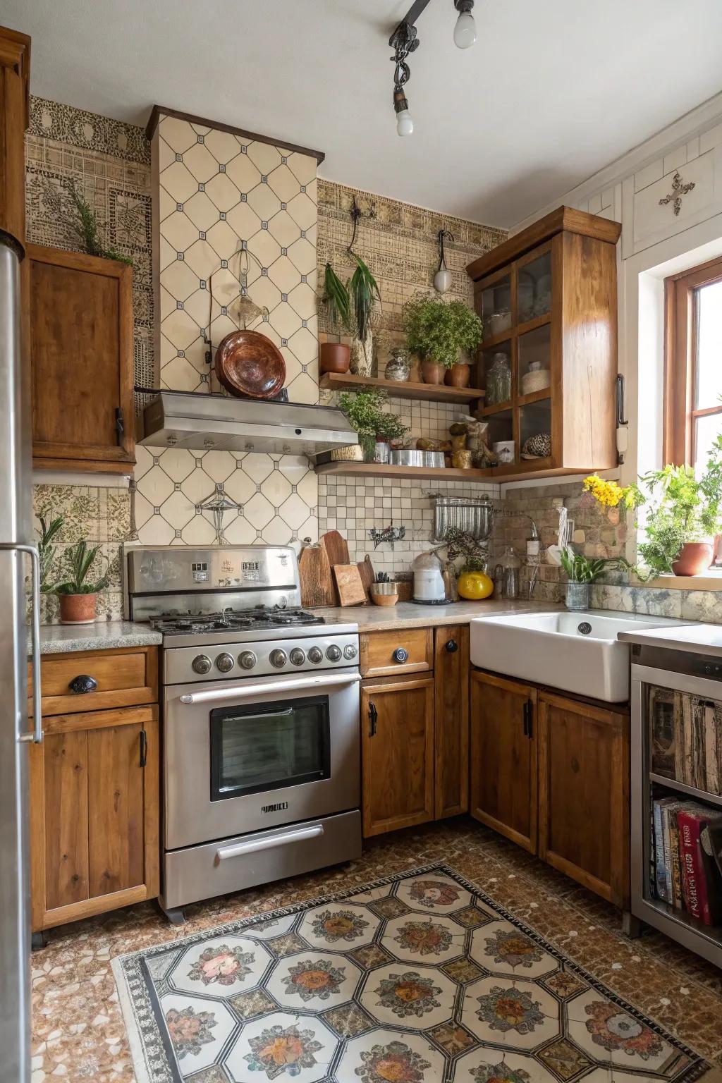 A cooking area combining old-fashioned charm by using modern design.