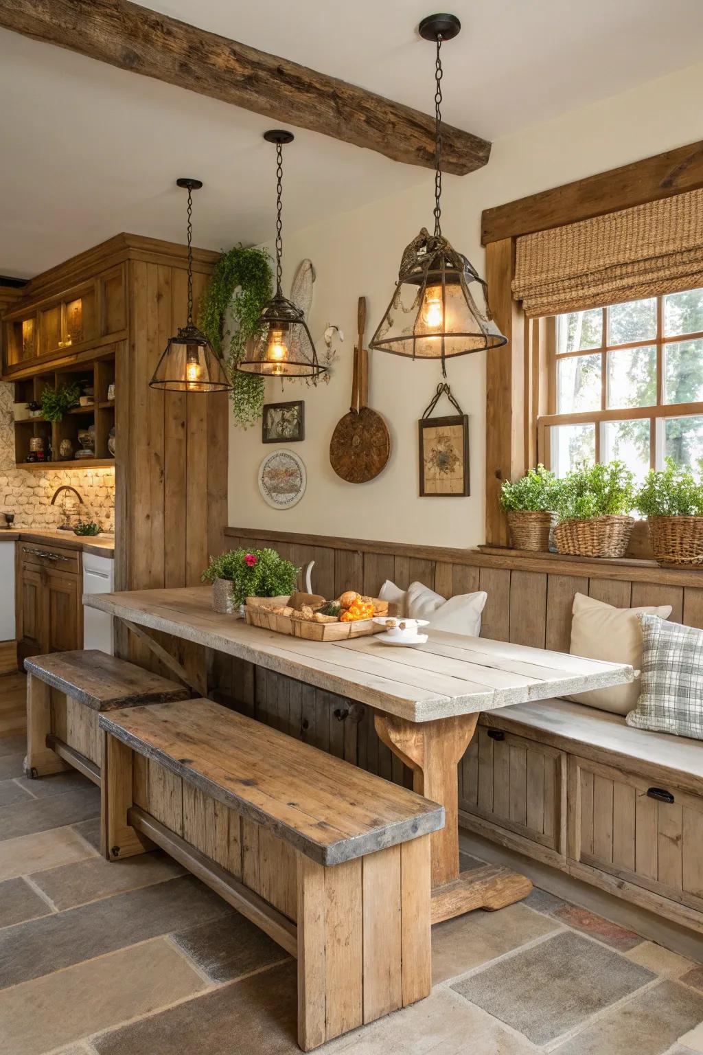 Reclaimed materials bring rustic charm to kitchen seating.