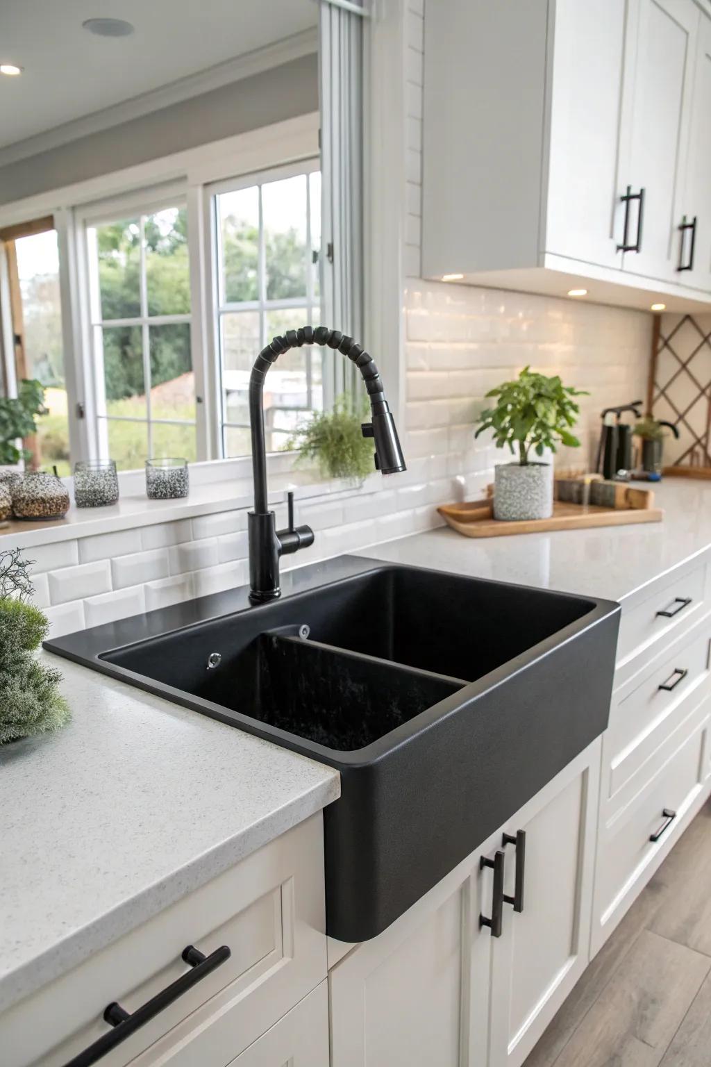 A contemporary kitchen showcasing a dramatic dark sink.