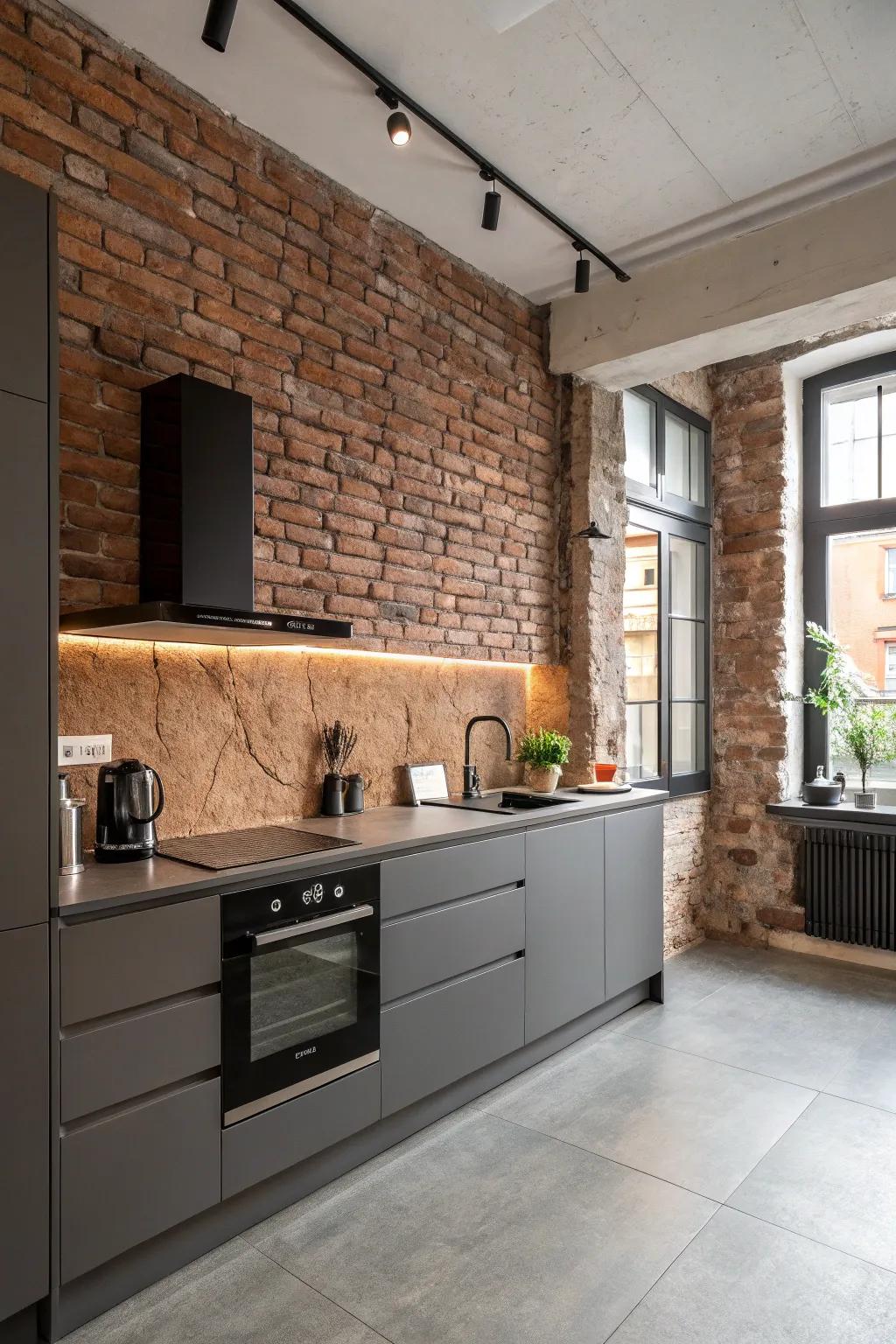 A modern kitchen with an exposed brick wall adds texture and style.
