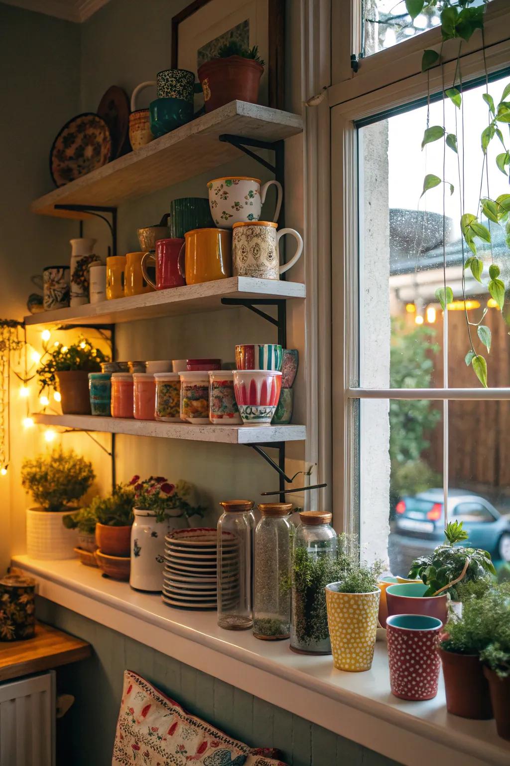 Eclectic decor turning the kitchen shelves into a vibrant and personal display.