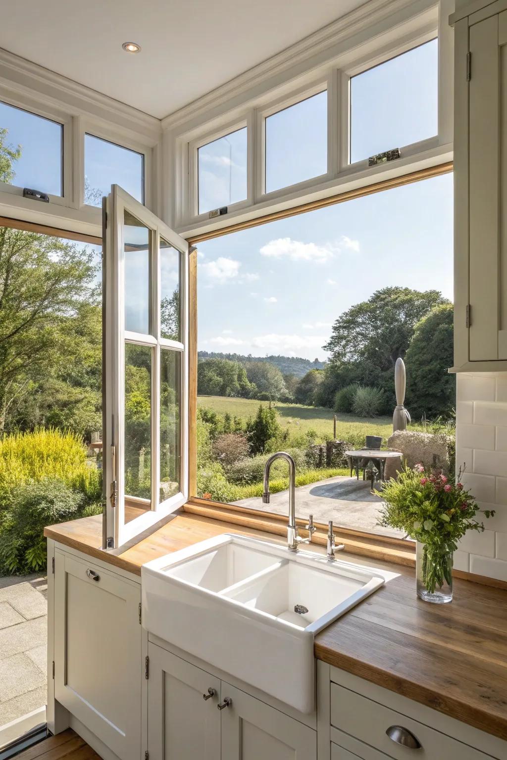 A kitchen with concertina windows creating an open, breezy atmosphere.