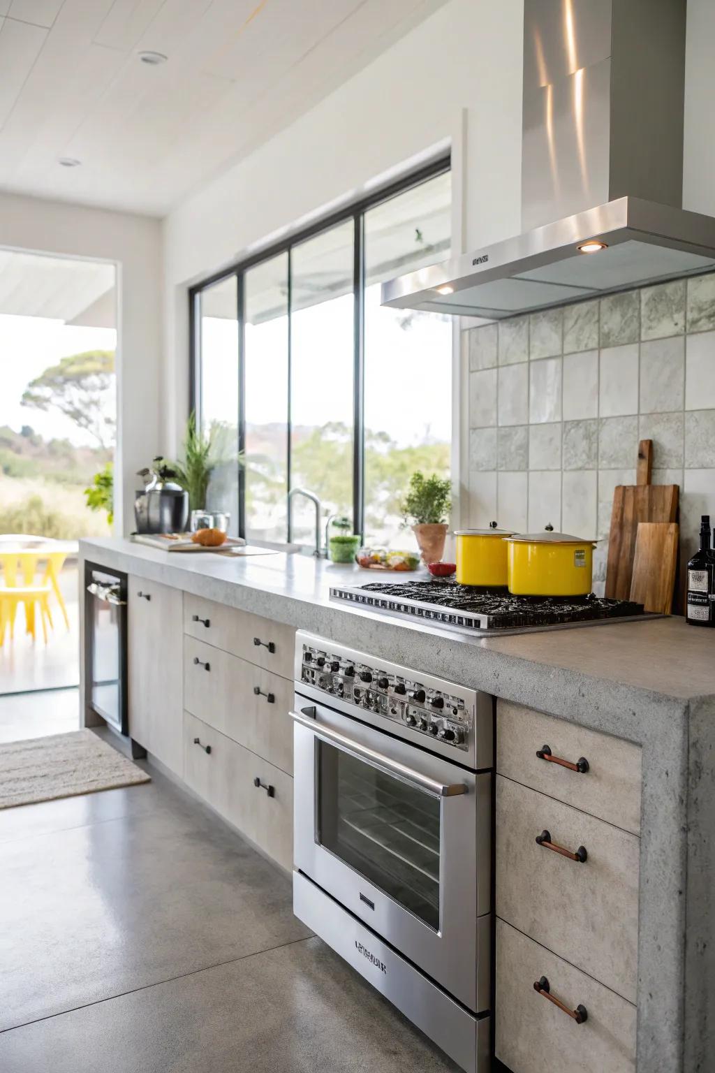 A cooking space featuring engineered stone worktops contrasted by bright modern appliances.
