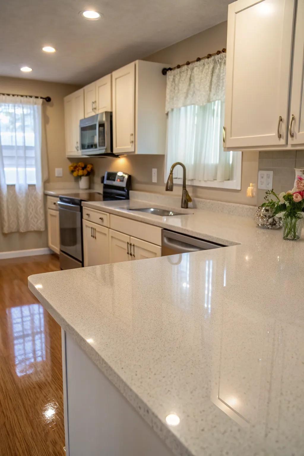 Light-colored quartz making a small kitchen feel larger.