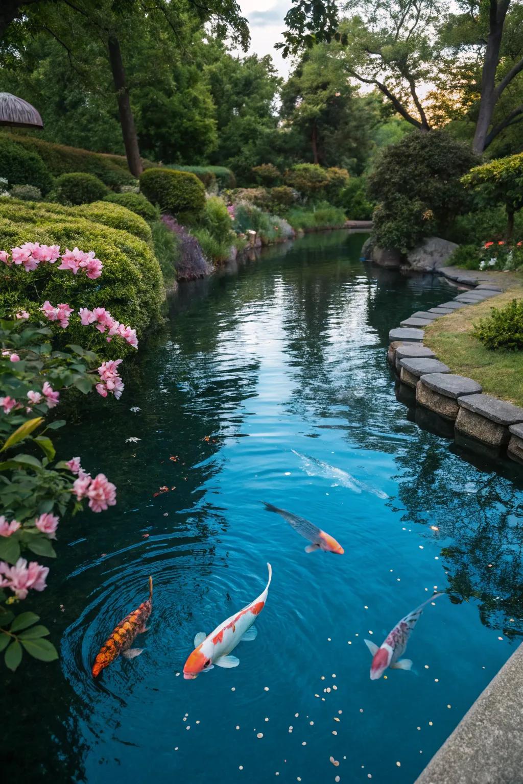 A koi pond with tinted water providing a cooling effect.