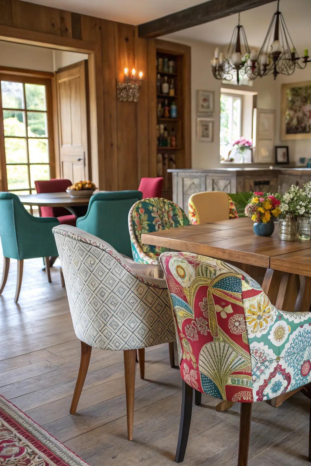 An eclectic assortment of chairs injects personality and charm.