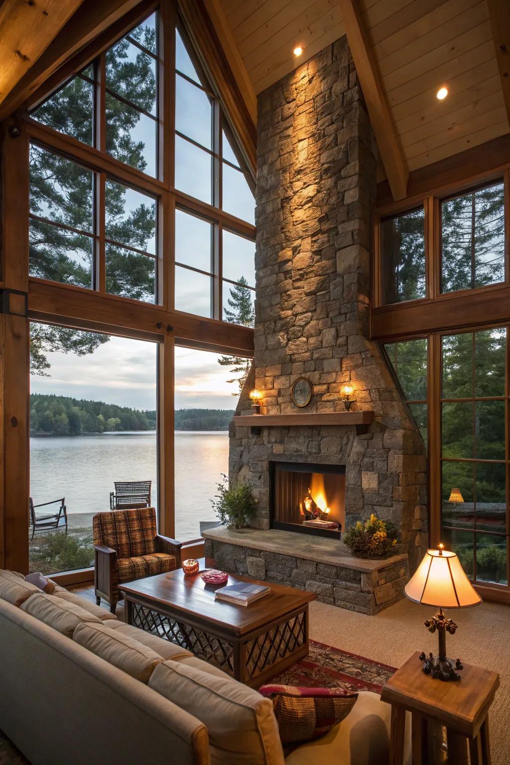 An eye-catching fireplace acts as a communal focal point.