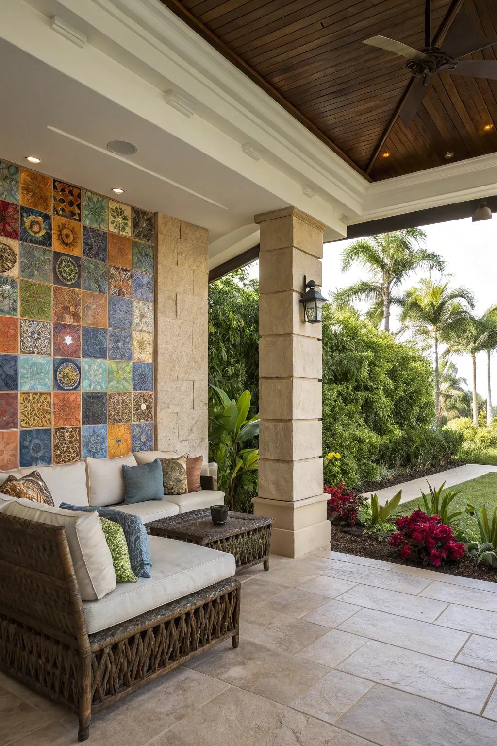 An accent facade adds personality and flair to this lanai.
