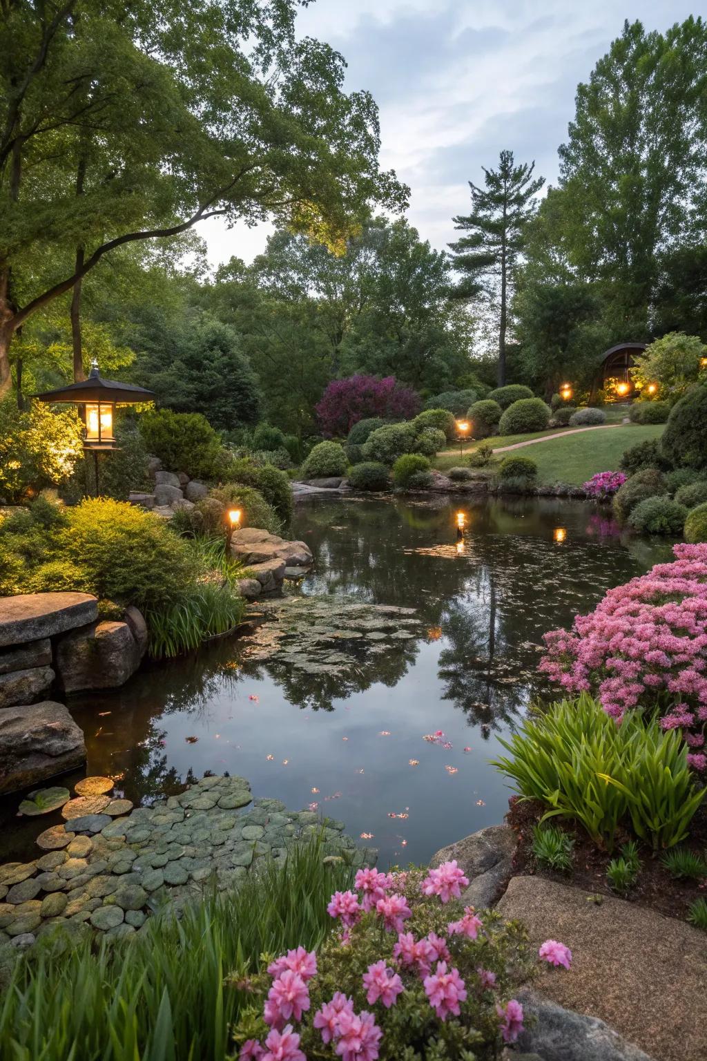 Illuminated water features evoke a sense of magic during the night.