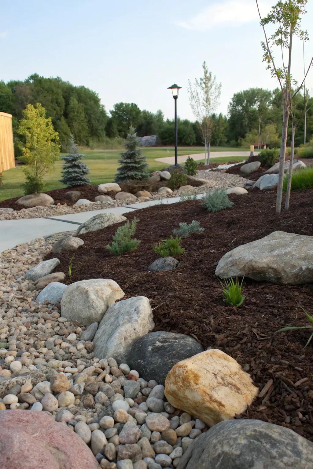 Combine ground cover with rocks for a striking garden feature.