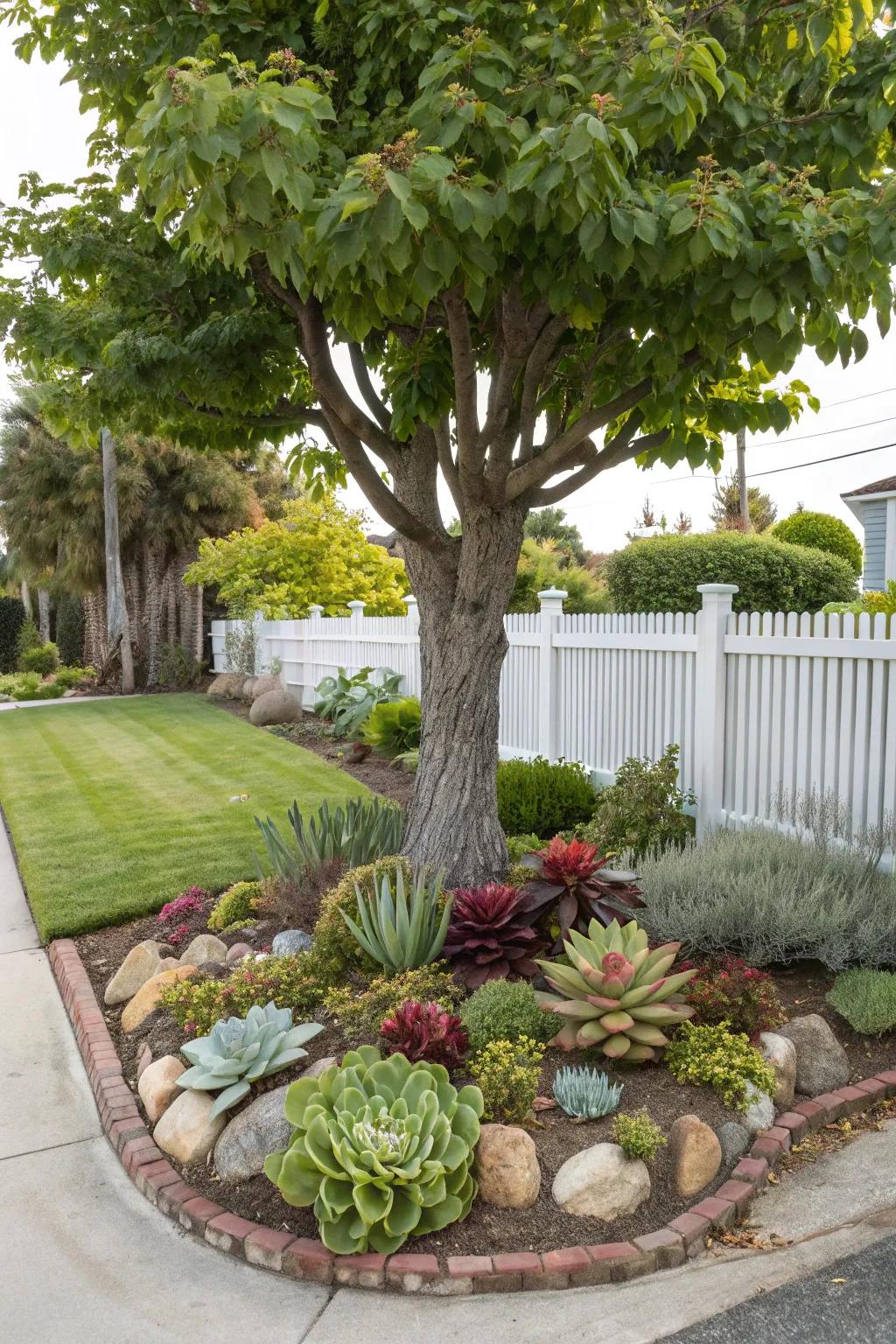 A tree surrounded by a collection of succulents, enriching the garden with modern texture.