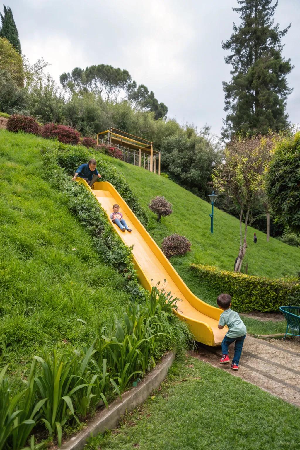 Slides contribute a playful and utilitarian aspect to family-accommodating inclined gardens.