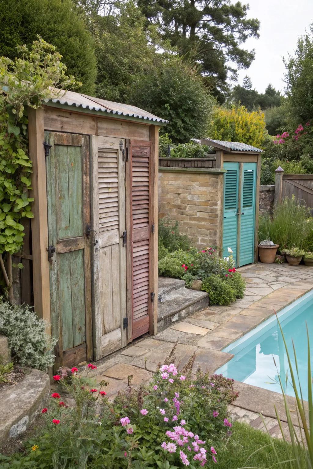 Repurposed materials provide an eco-friendly and creative answer for covering pool equipment.
