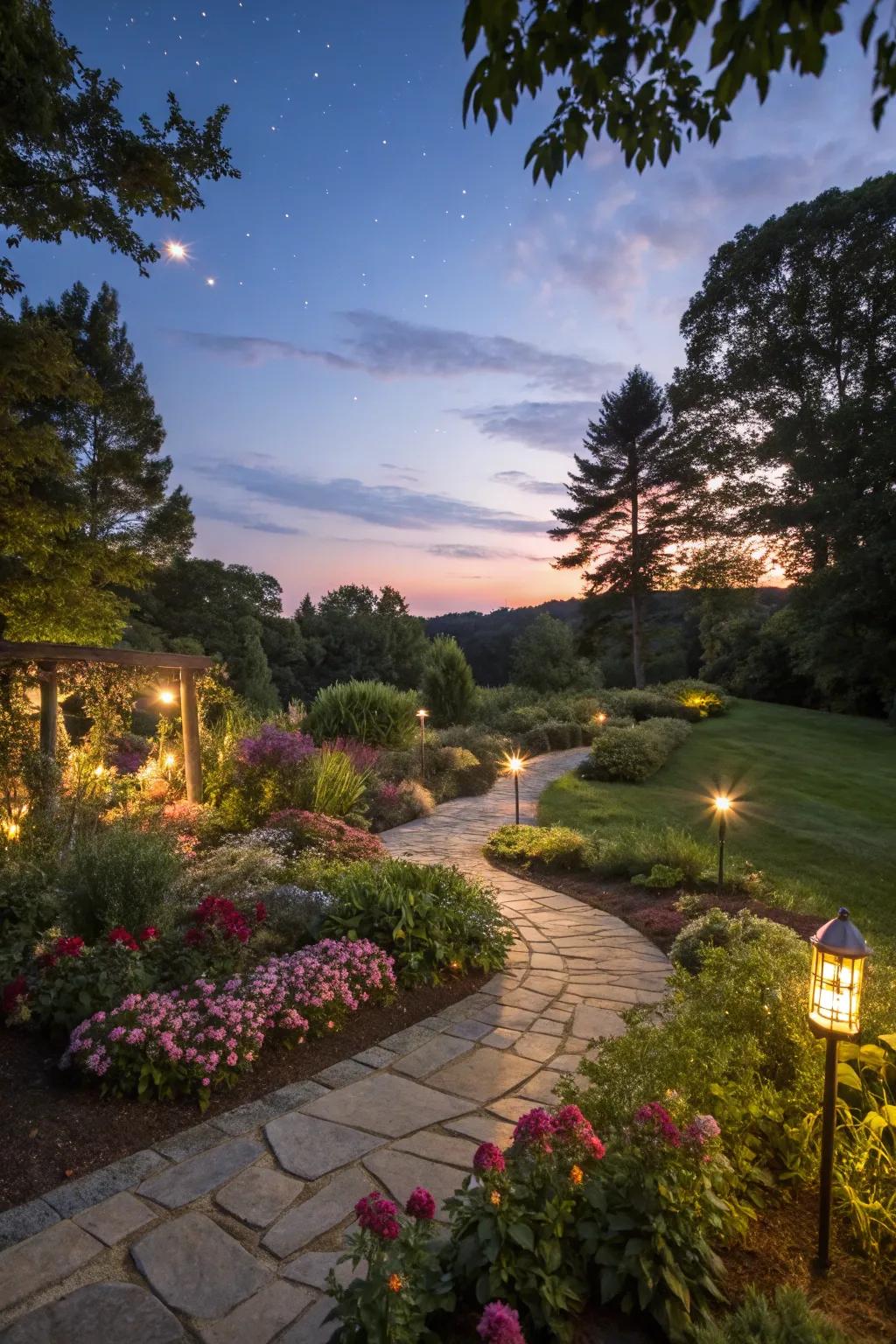 Garden lighting crafts a magical evening ambiance.