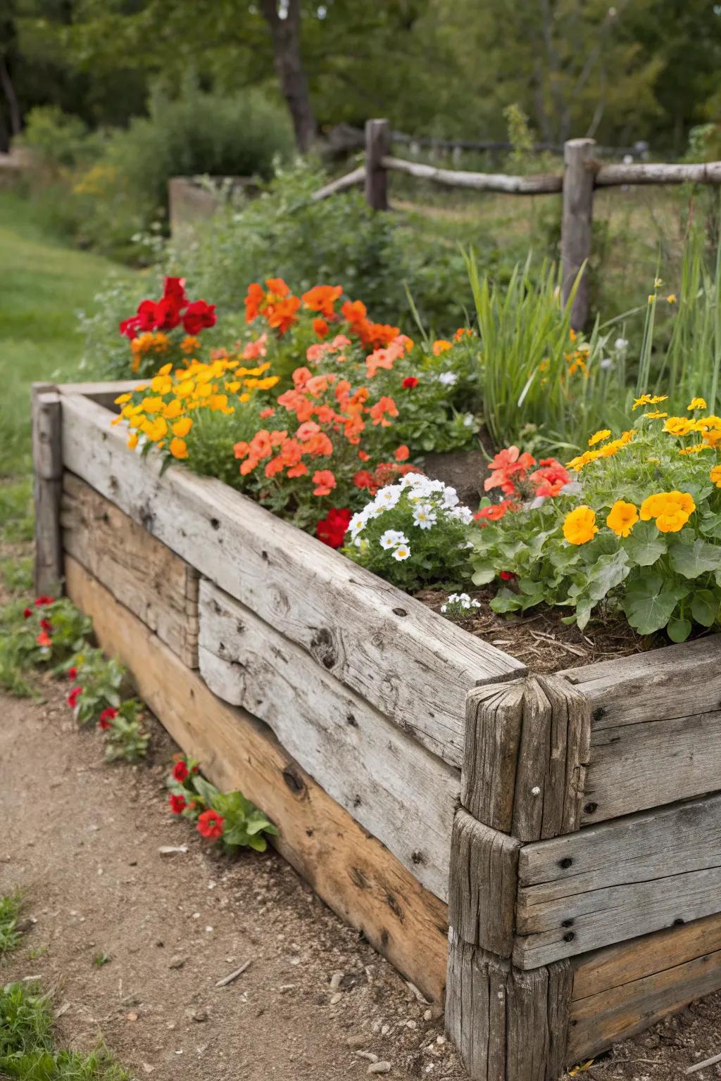 Used wood adds style and shows you care about the earth in garden beds.