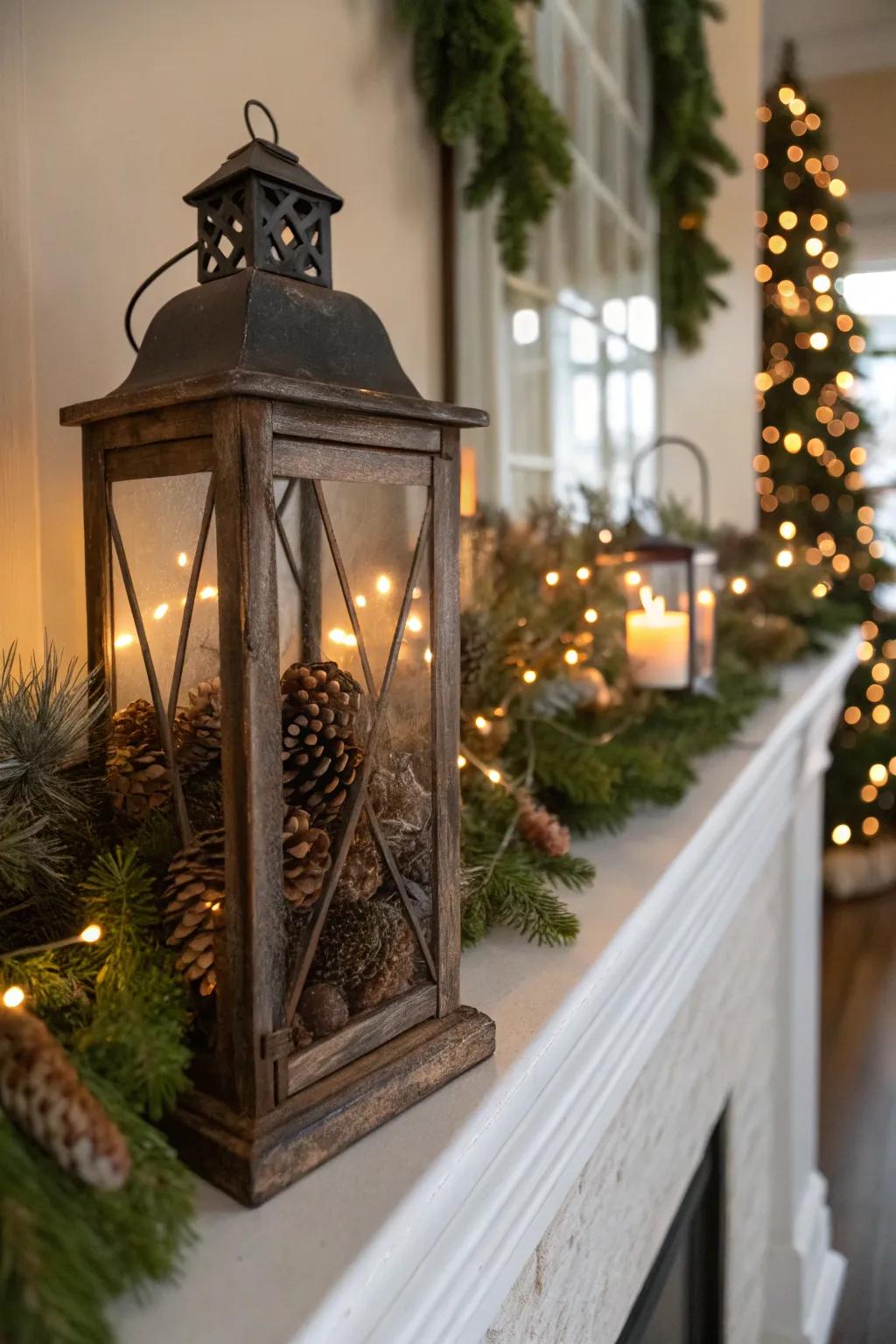 Incorporate holiday zest via fir cone-filled lanterns.