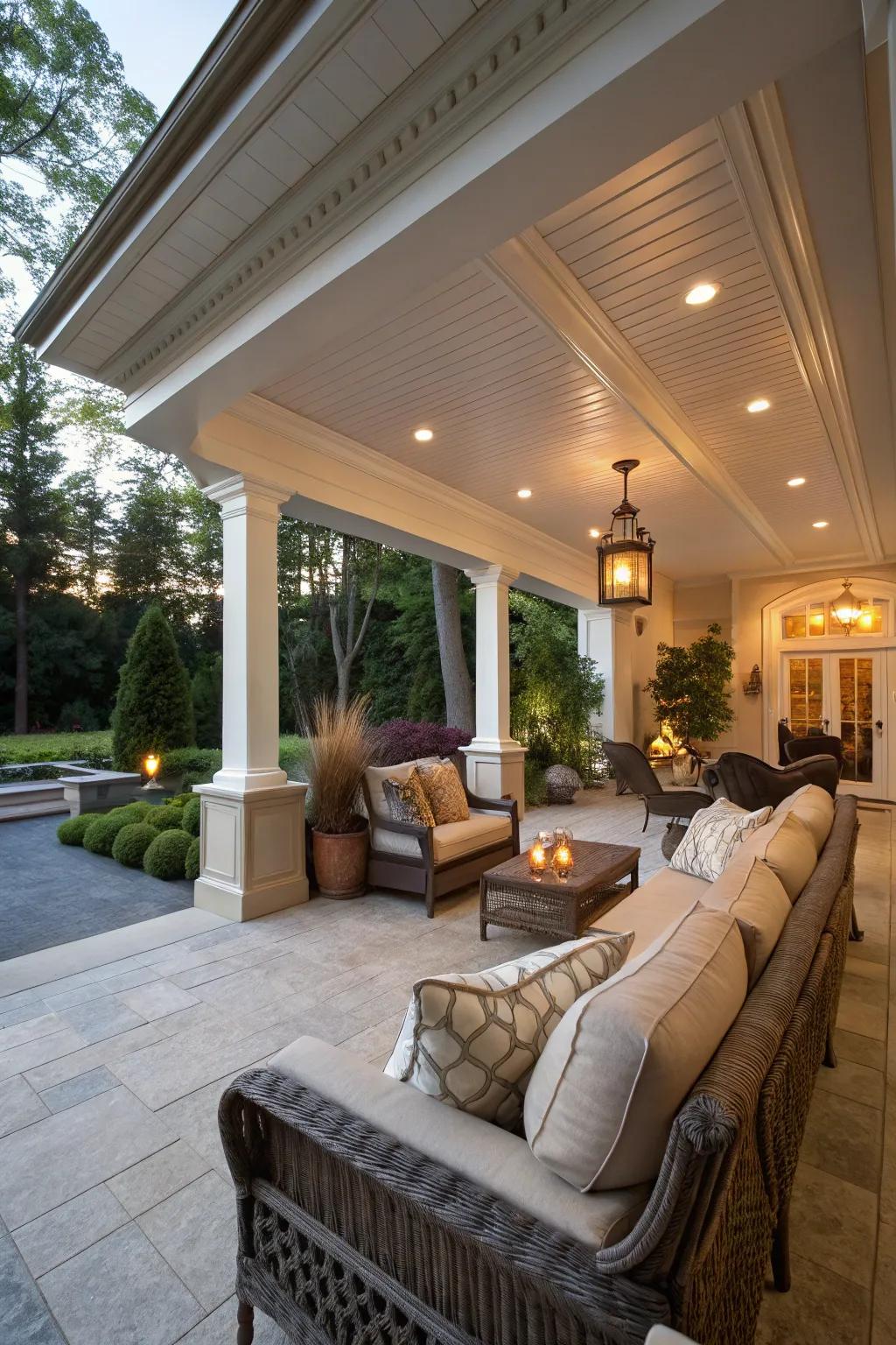 A sheltered terrace featuring ample trim outline, fashioning an exterior augmentation of interior grace.