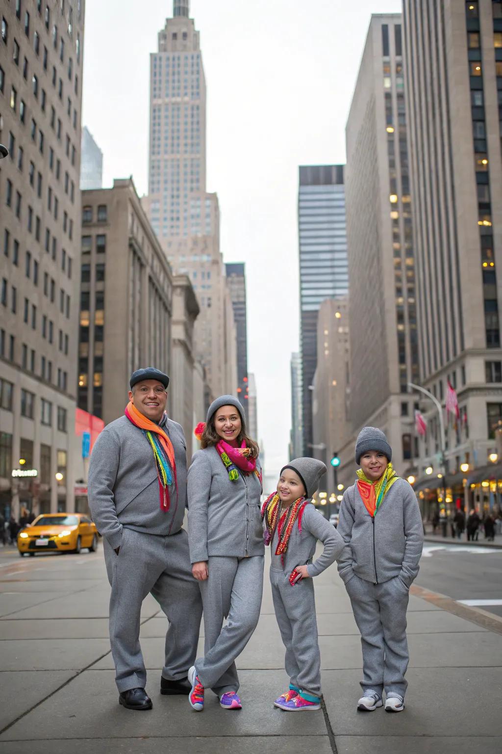 Metropolitan chic with grays and bright accents suits a city backdrop.