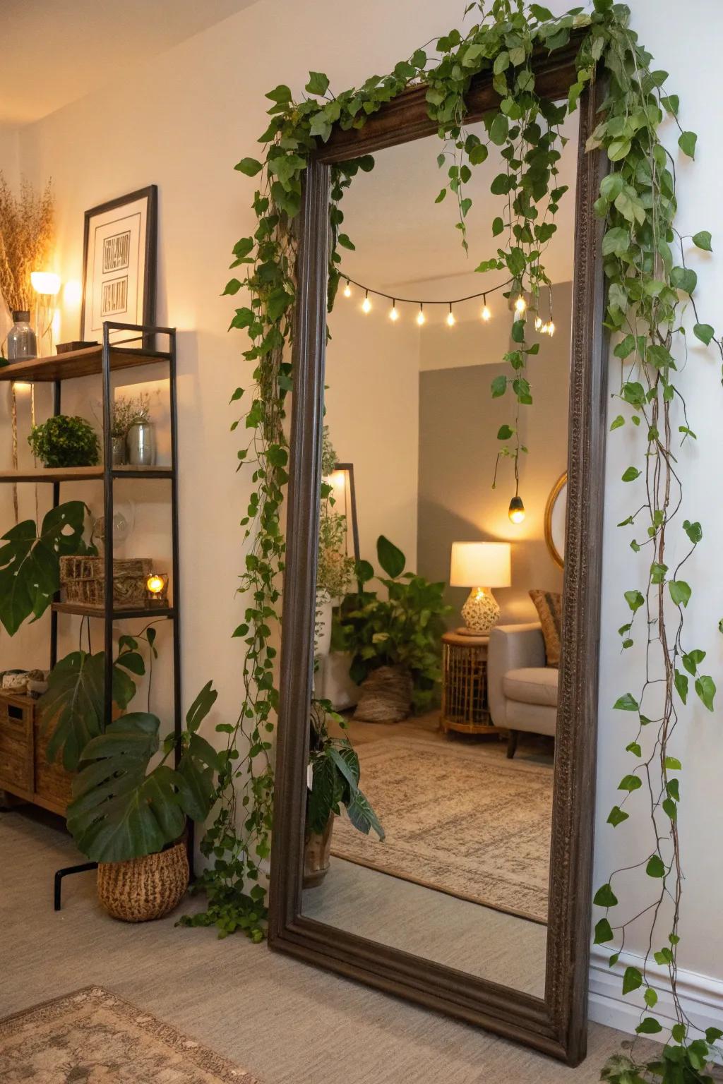 Trailing plants around a mirror create a lush, natural ambiance.
