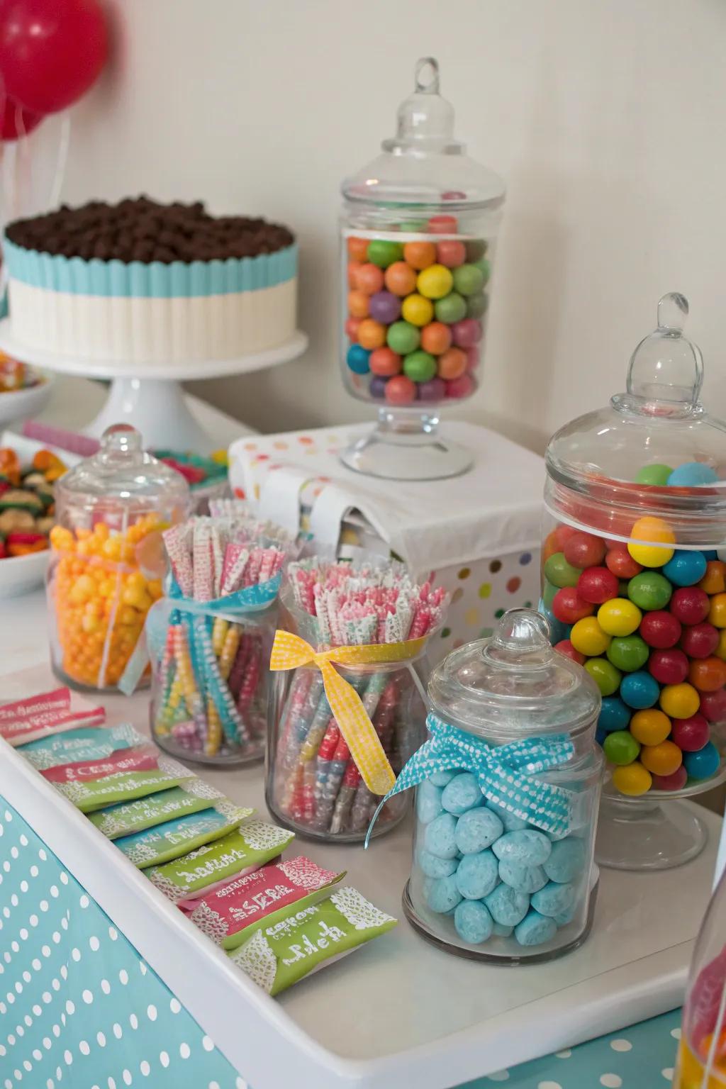 A bright candy bar works as both decoration and a treat for guests.