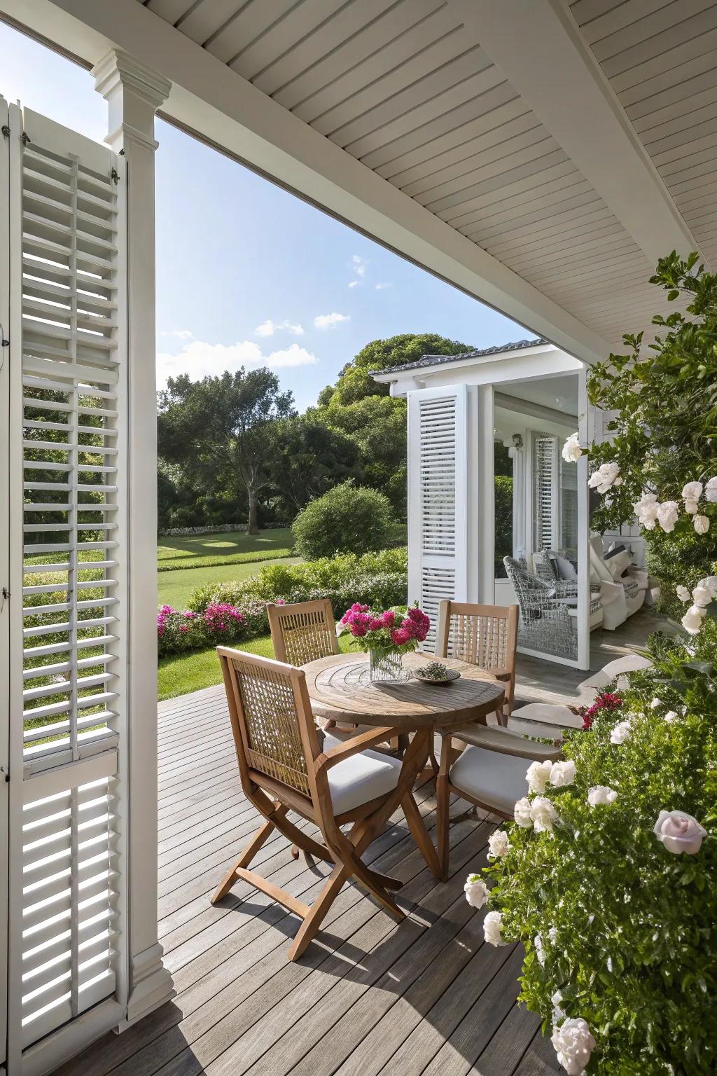 Venetian shutters append functional flair to this charming outdoor deck.