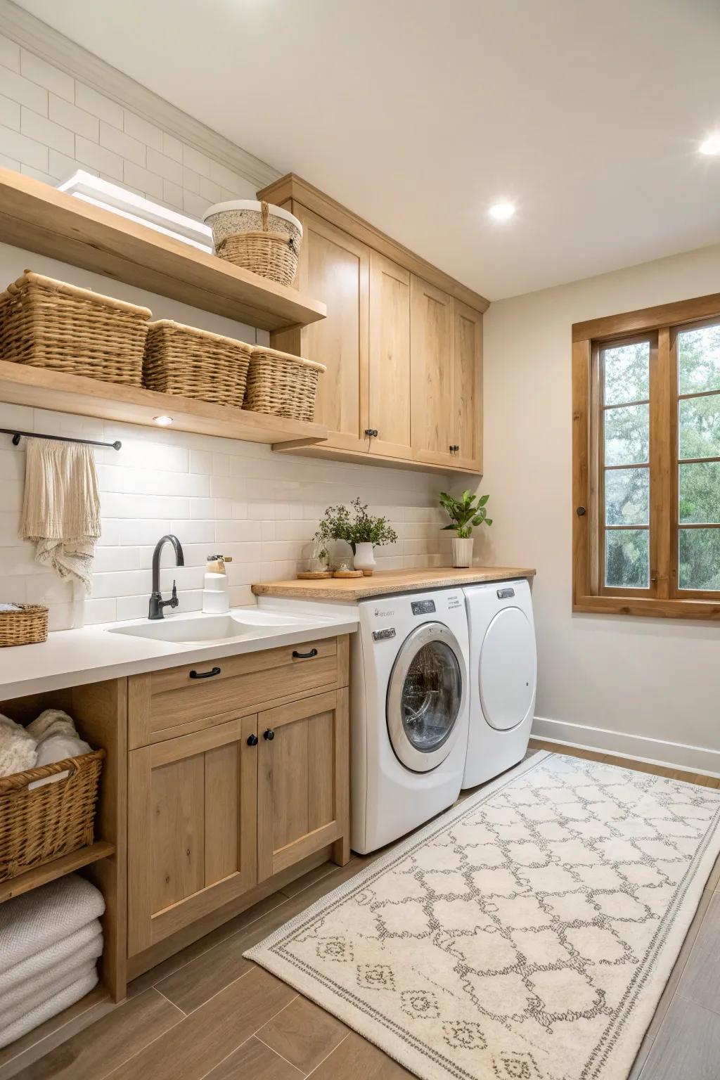 Soft colors and natural wood details make a calming laundry room.
