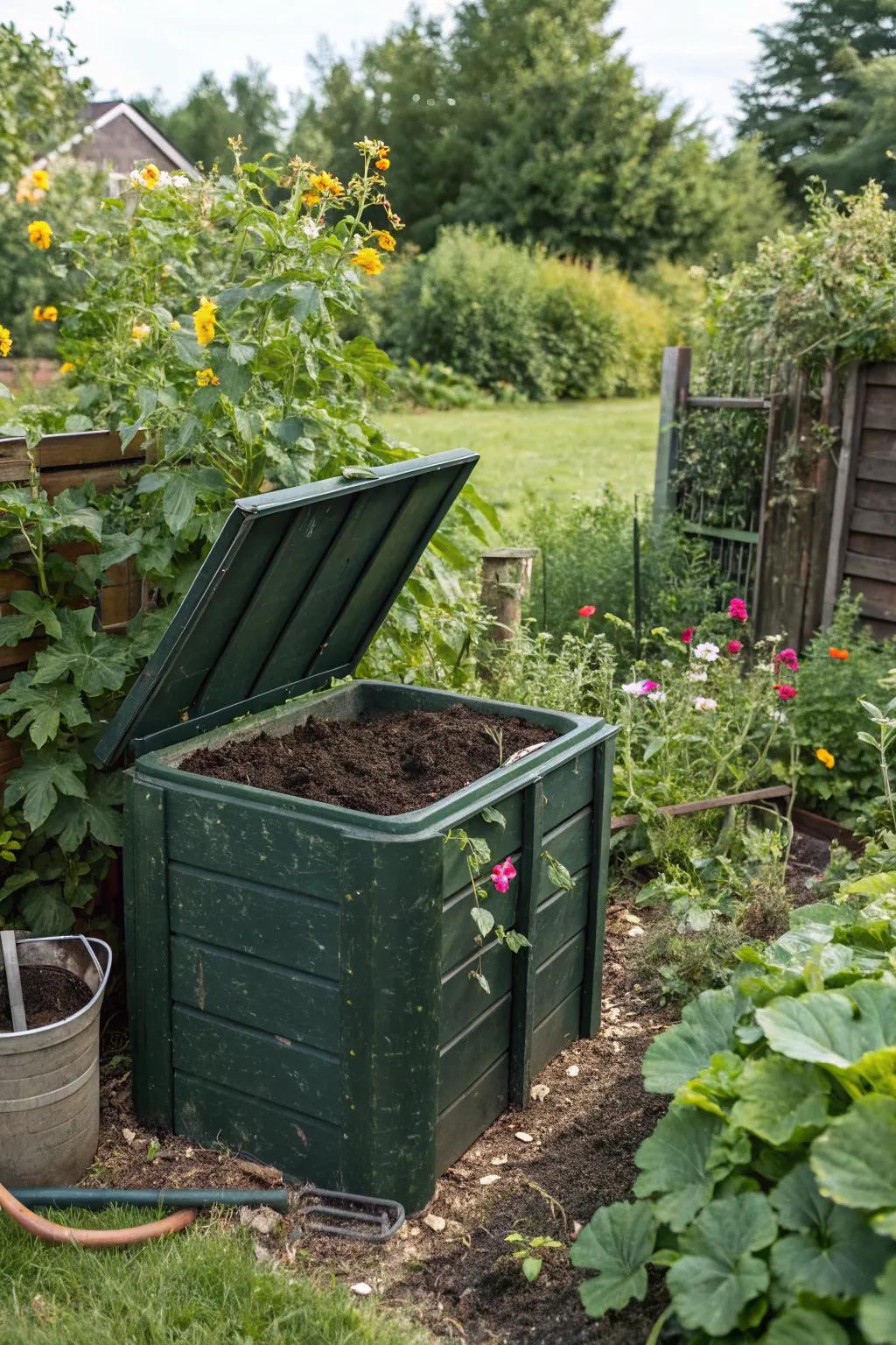 A garden compost bin providing nutrient-rich compost for a healthier lawn.