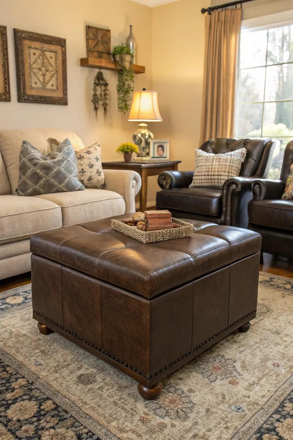 Multipurpose ottomans provide seating and storage.
