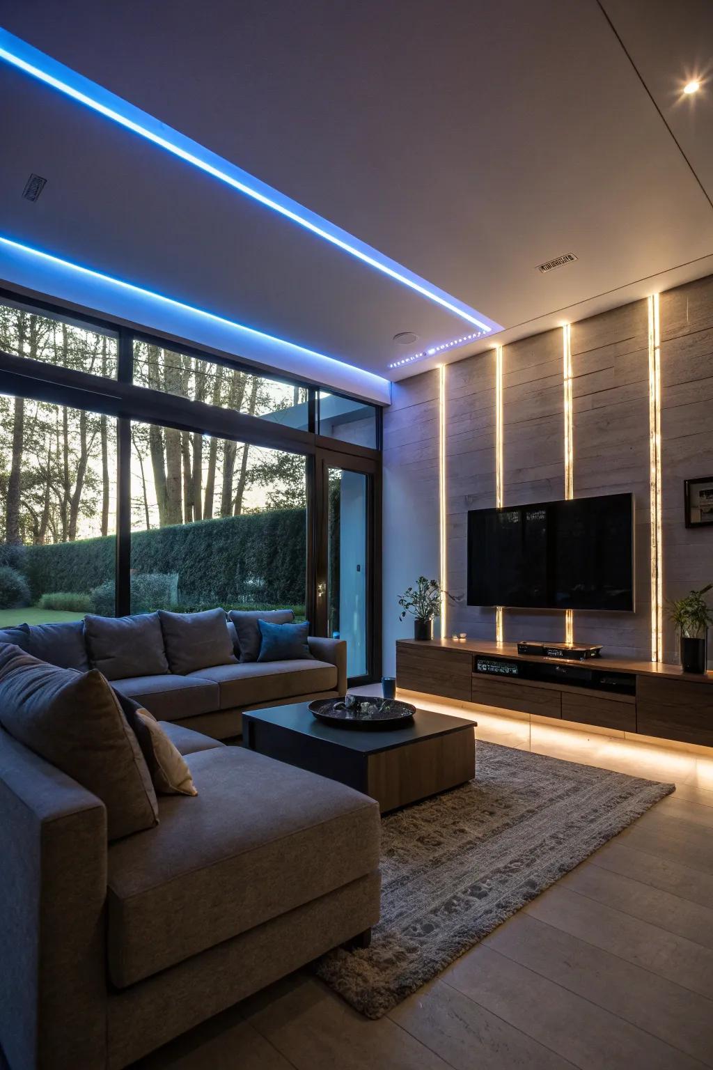 Bold design using floor-to-ceiling LED light bands.