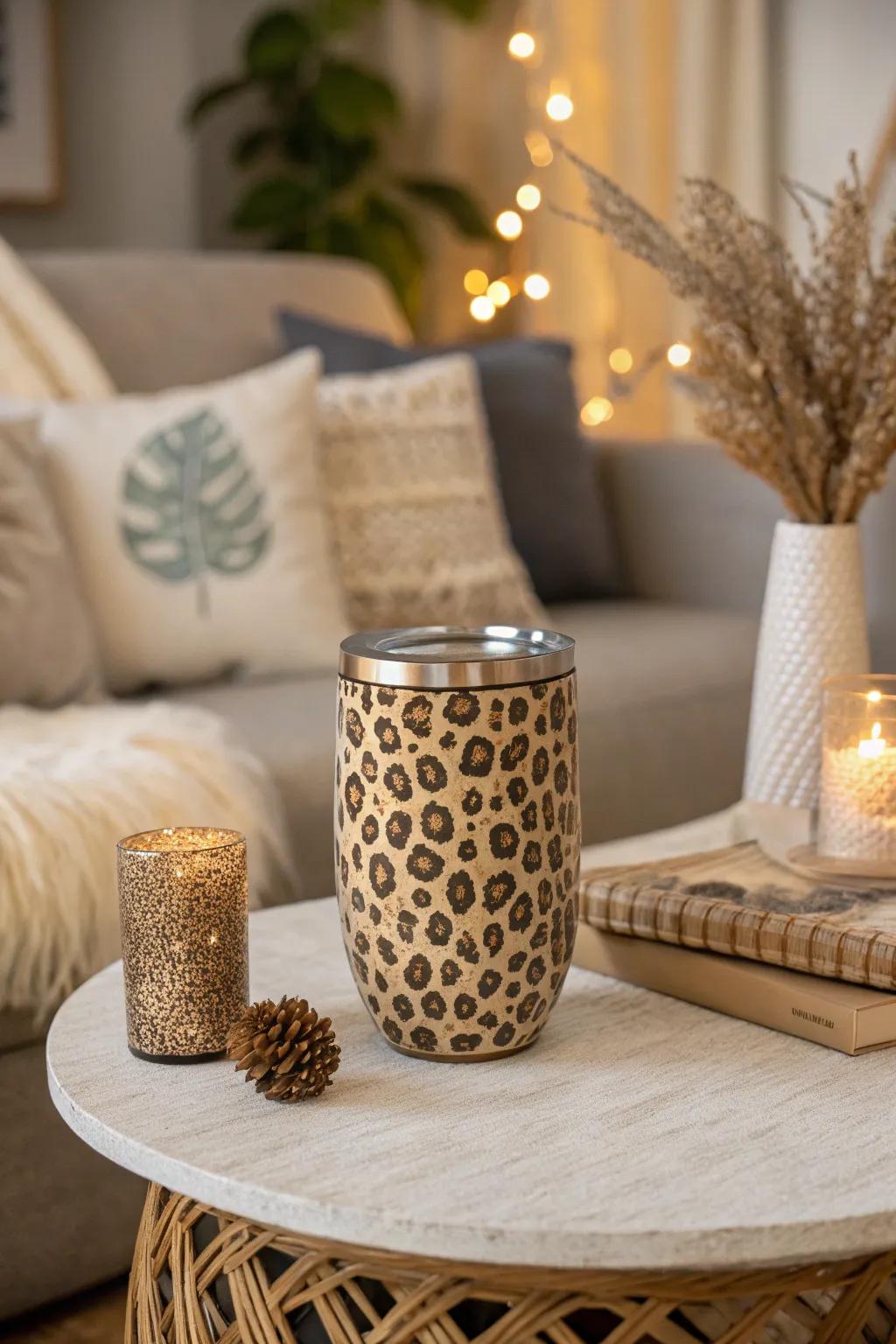 An earthy leopard print 'Hydrate in Style' complementing neutral home decor beautifully.