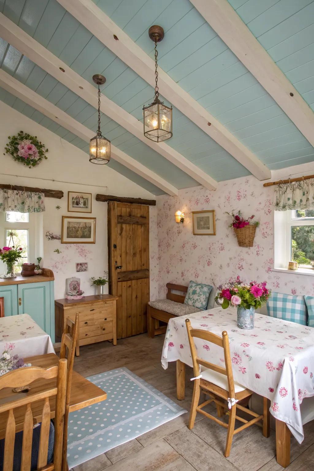 A cozy cottage-style room with a serene light blue ceiling.