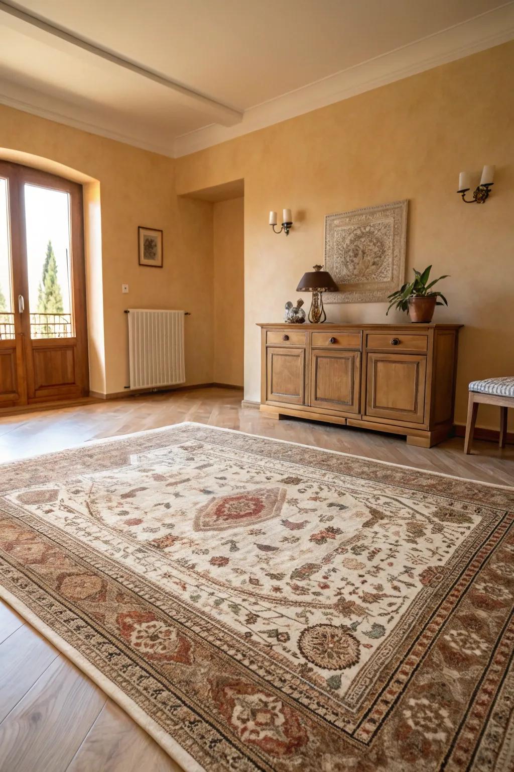 A statement floor covering acts as a focal point in the room.
