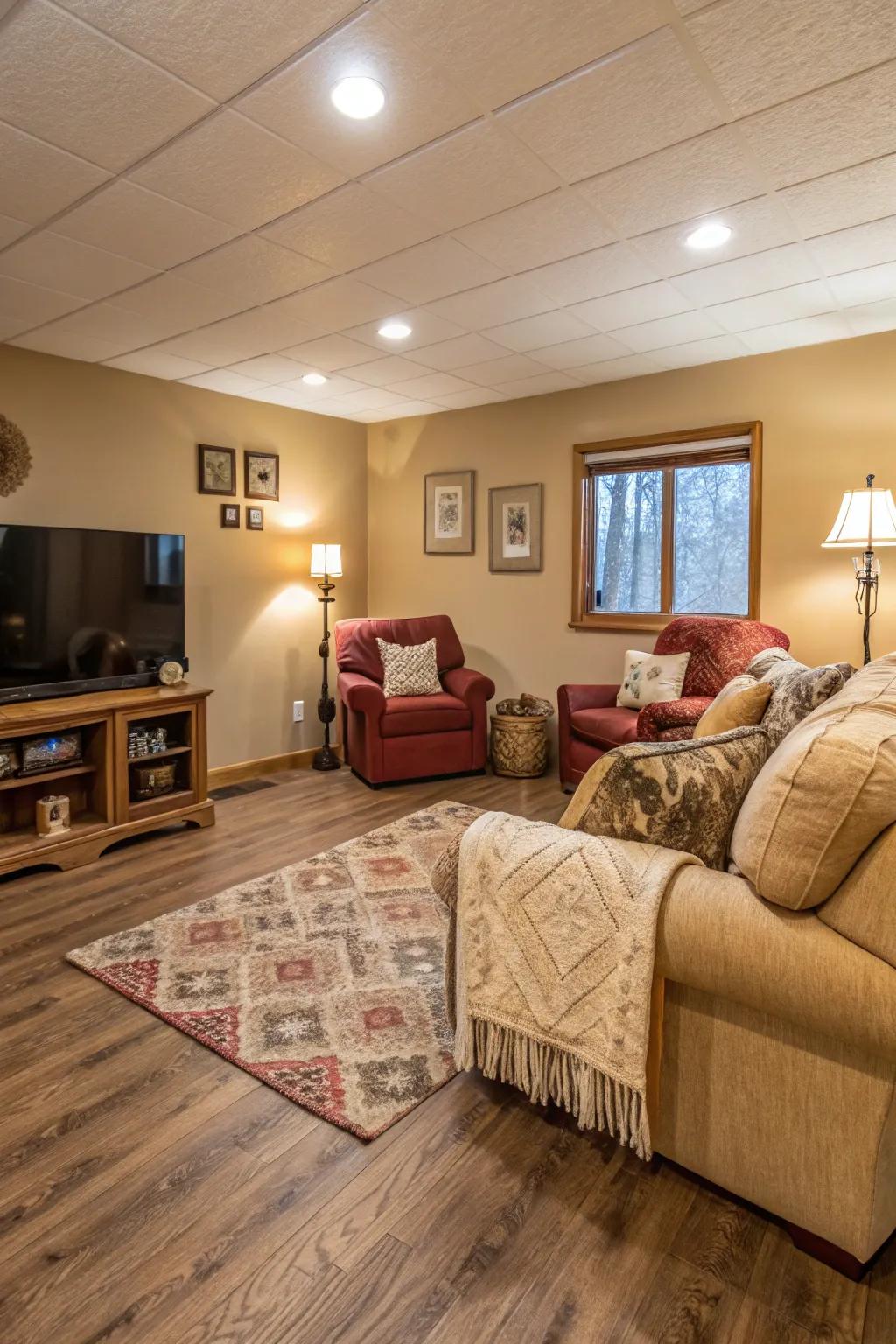 Light wood laminate flooring adds warmth to this cozy family room.