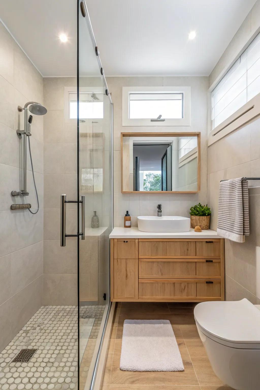 A frameless shower screen enhances the openness of a small bathroom.