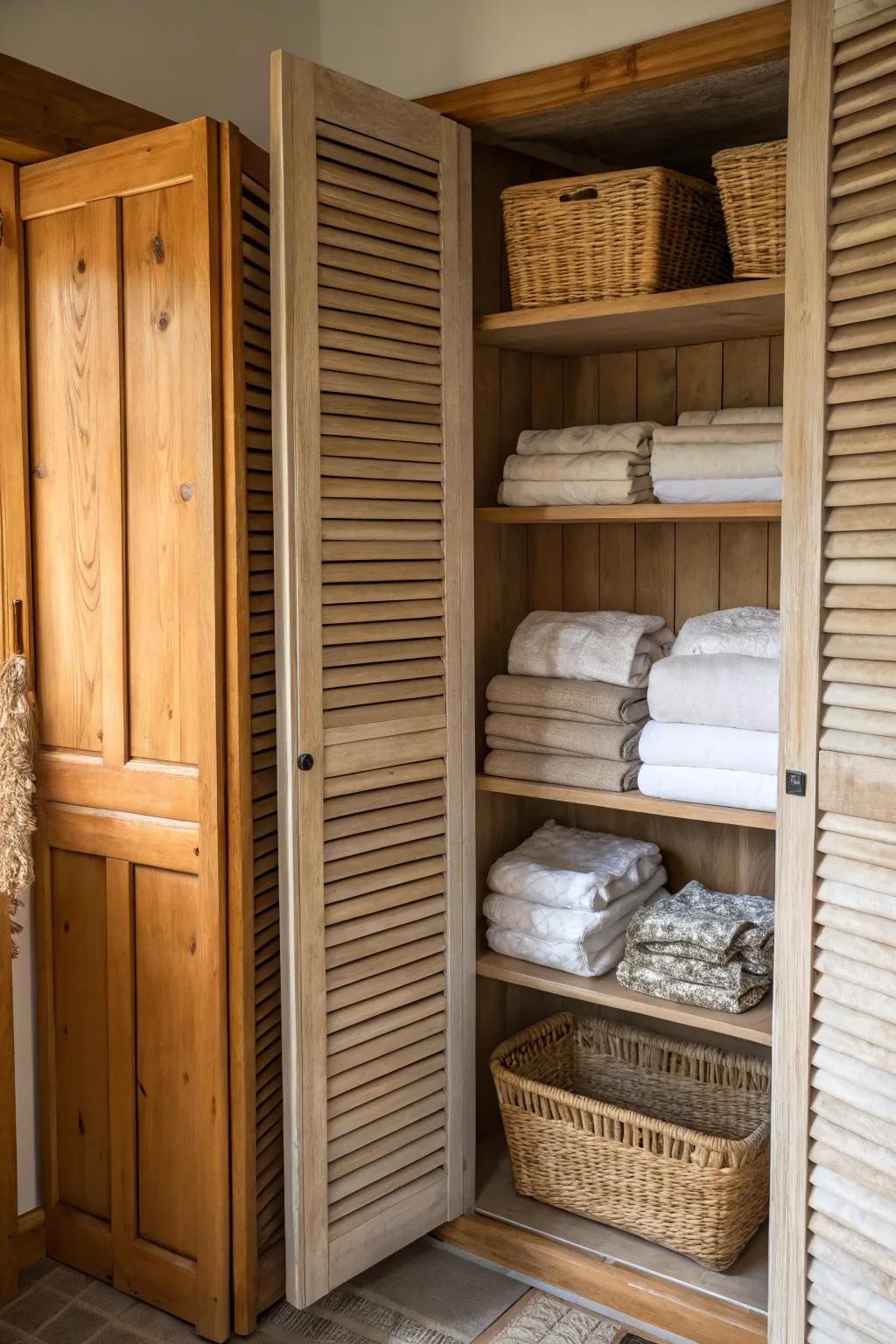 Reclaimed window shutters adding charm and history to a linen storage.