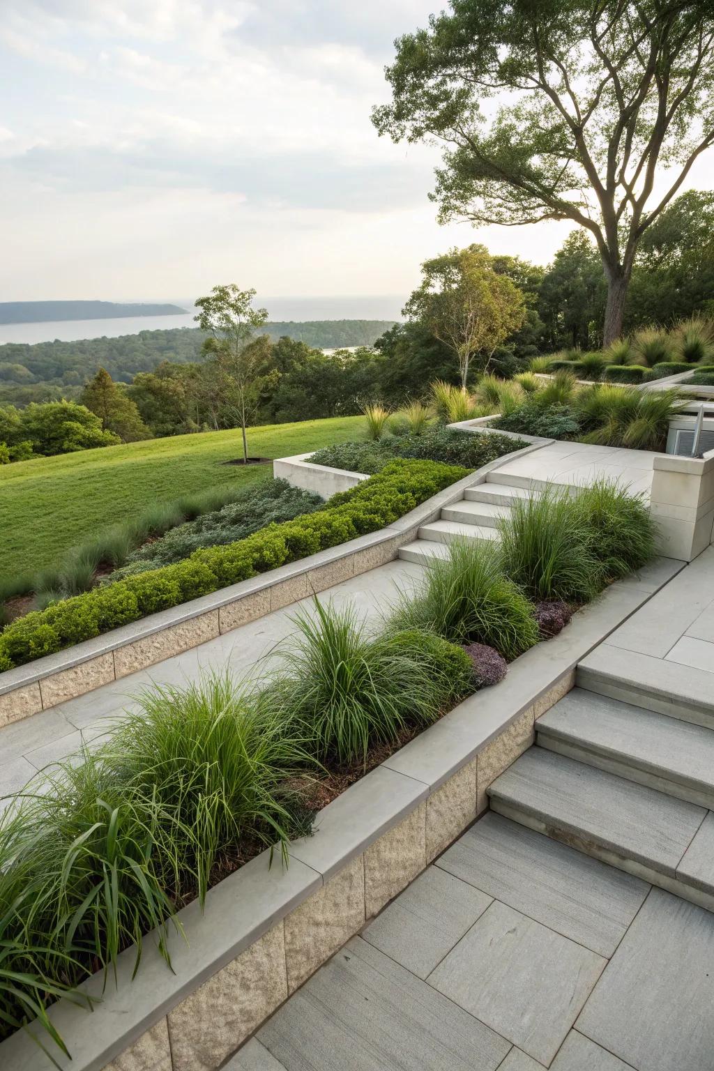 Terrace edges softened by Whispering Grass, enhancing the garden's natural flow.