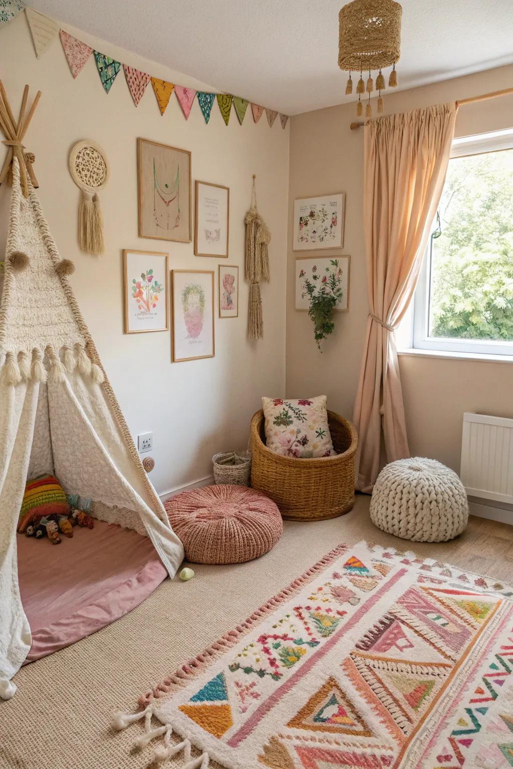 A bohemian aesthetic area that exudes uniqueness and comfort.