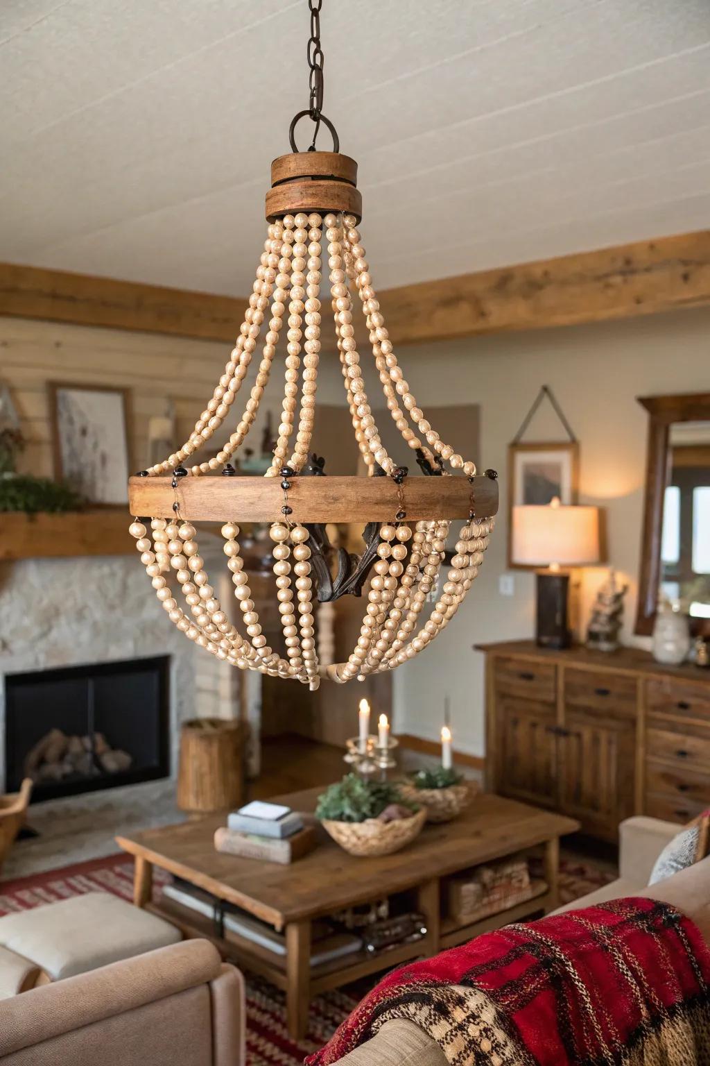 A living room with a chandelier featuring timber beads for a whimsical touch.
