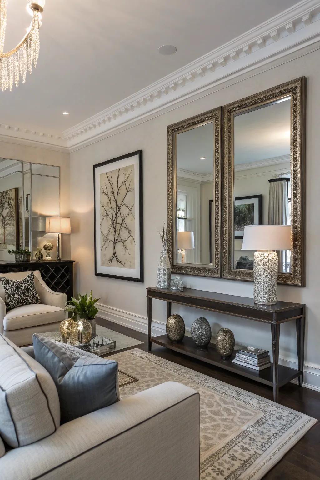 Crown molding creates the appearance of framed reflectors.