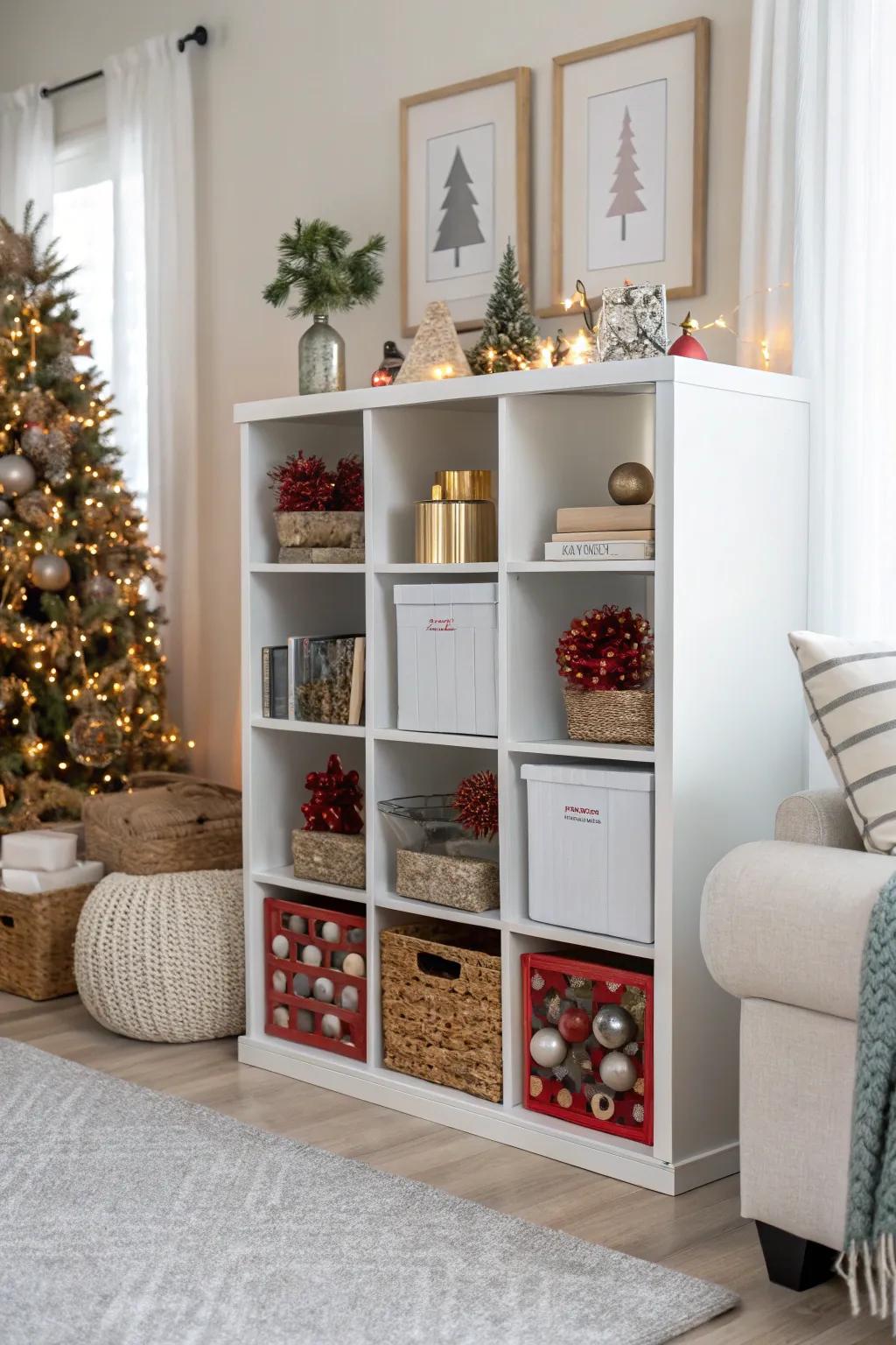 A seasonal decor stash using cube storage for a clutter-free home.