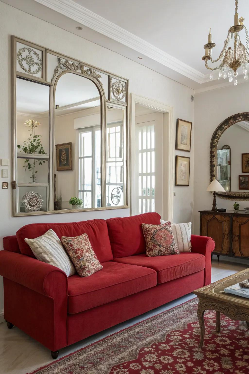 Amplifying light and color, looking glasses and reflective surfaces enhance the red sofa's impact.