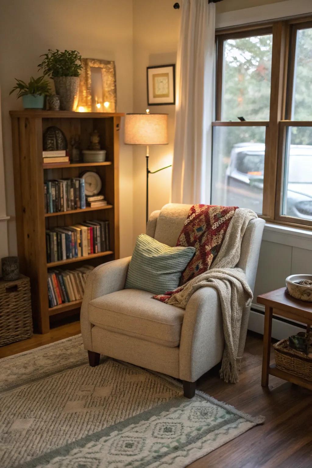 A book nook in the family room presents an ideal location for unwinding.