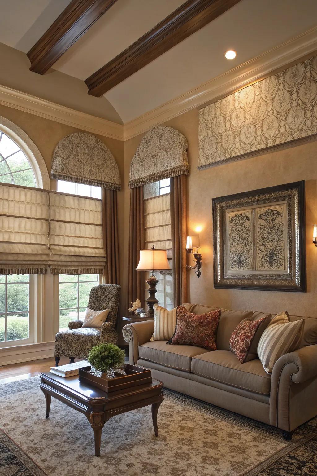 Pleated shades introducing texture and elegance to the lounge.