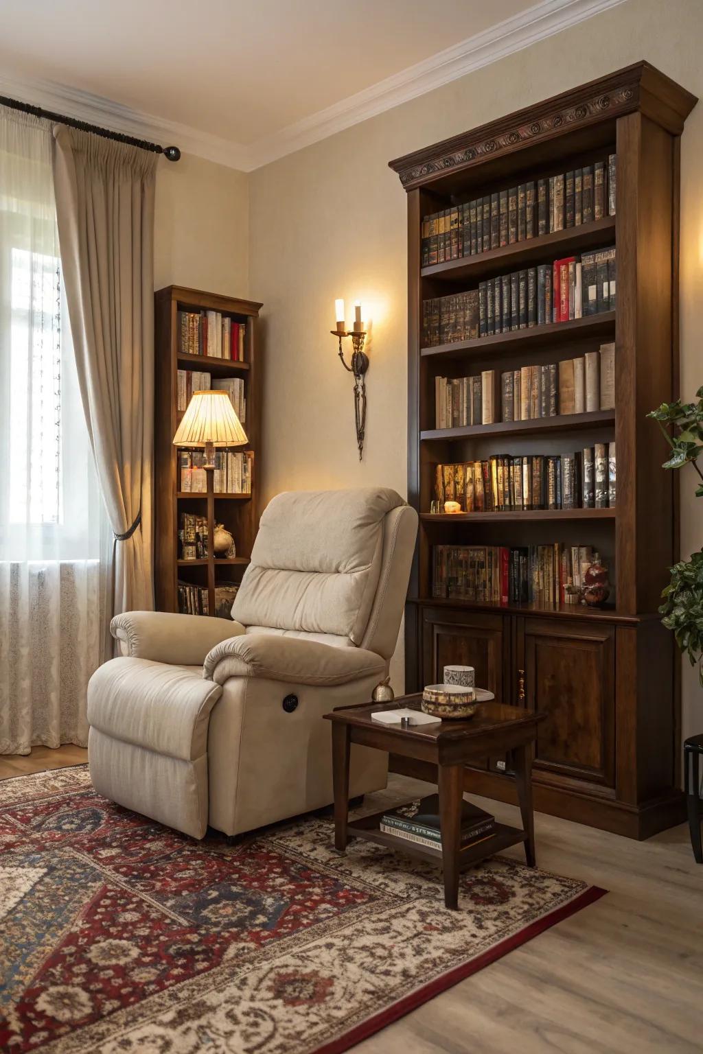 A sophisticated living space corner with a recliner and bookshelf.