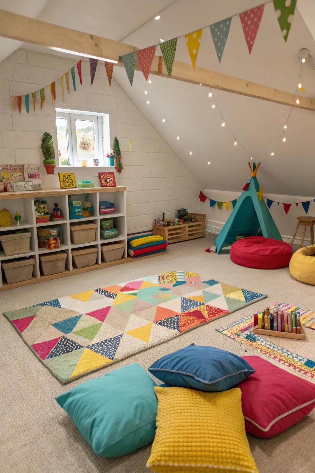 Padded seating and rugs create a cozy and inviting play area.