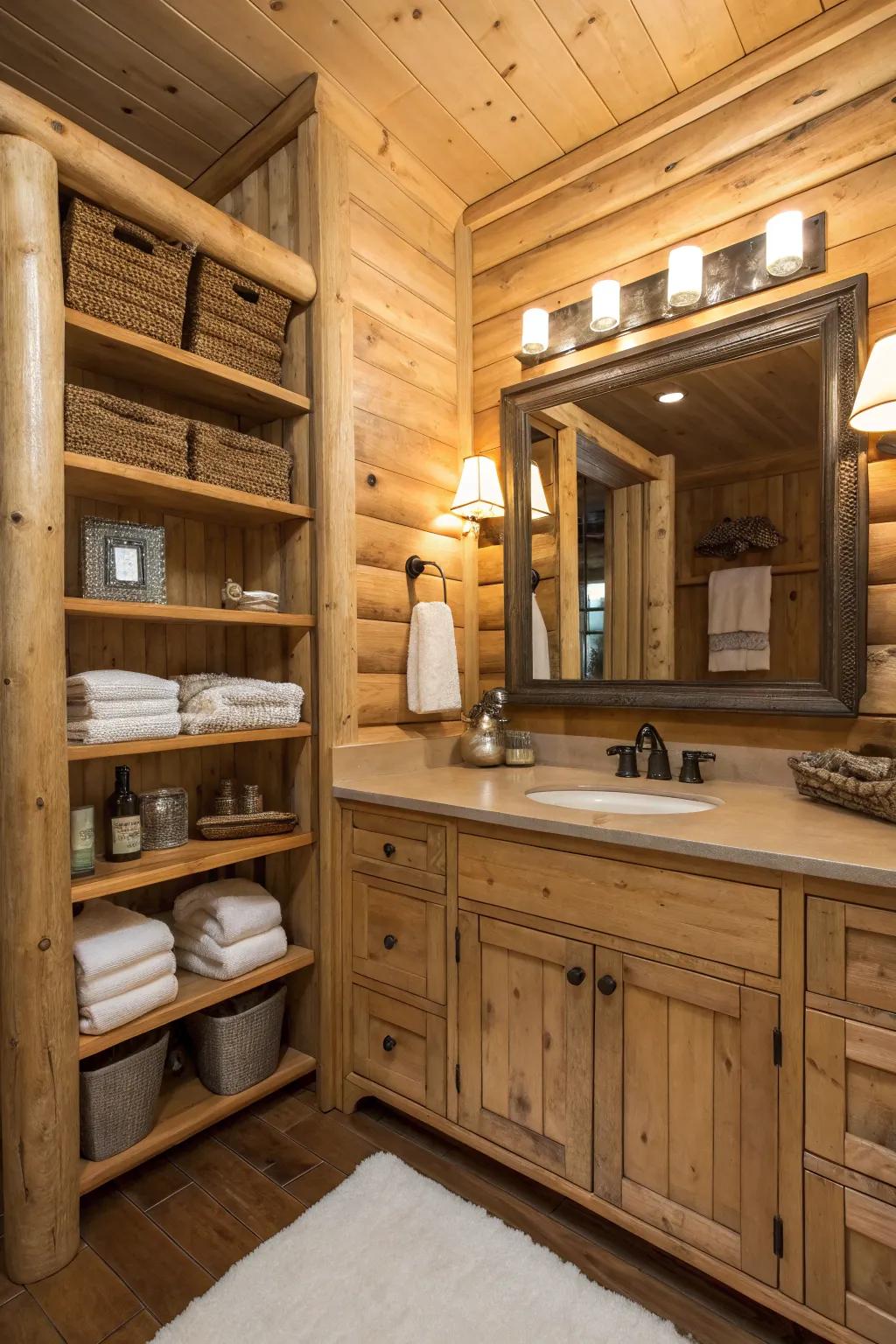 A log cabin bathroom with practical storage choices.