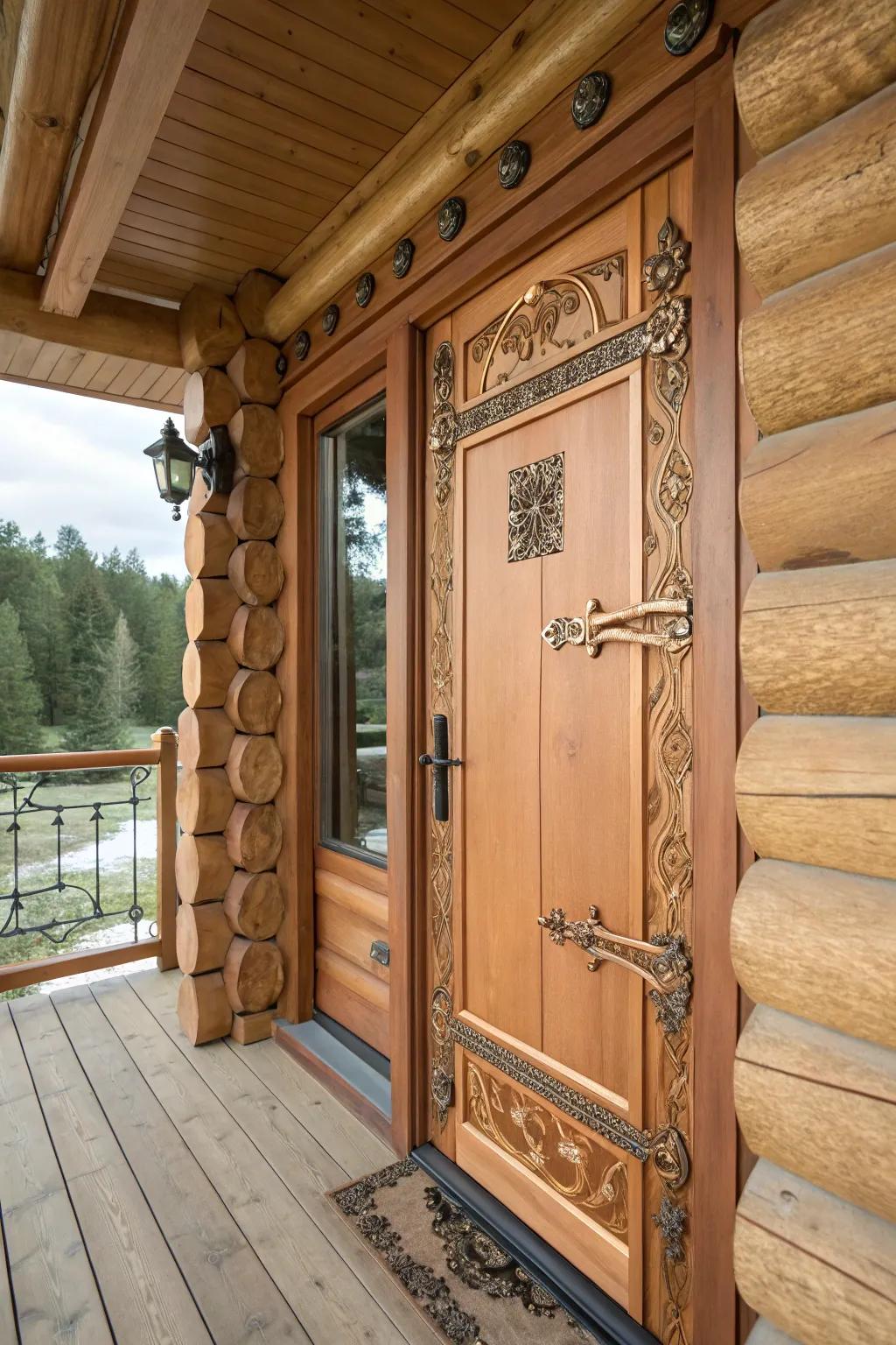 A cabin door enhanced with copper embellishments.
