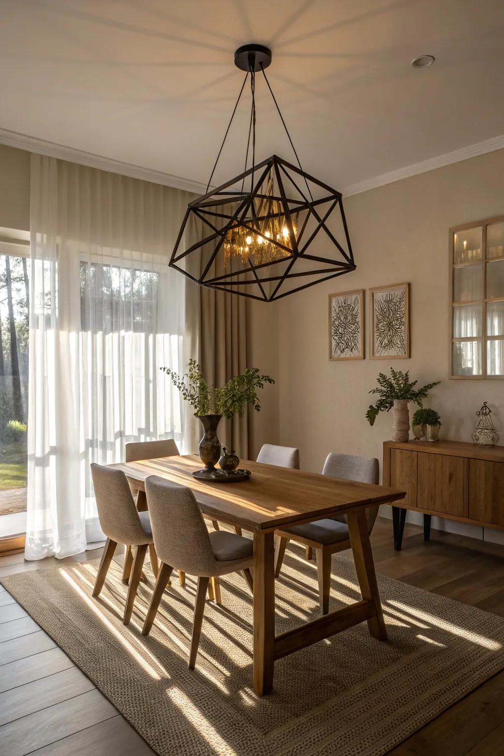 A geometric light fixture gives a dining room a modern touch.
