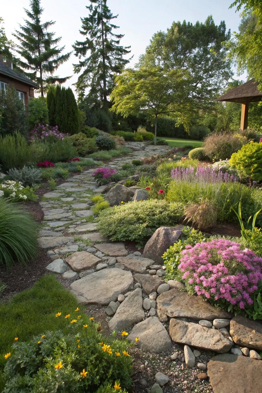 Stone ground covers for easy upkeep.