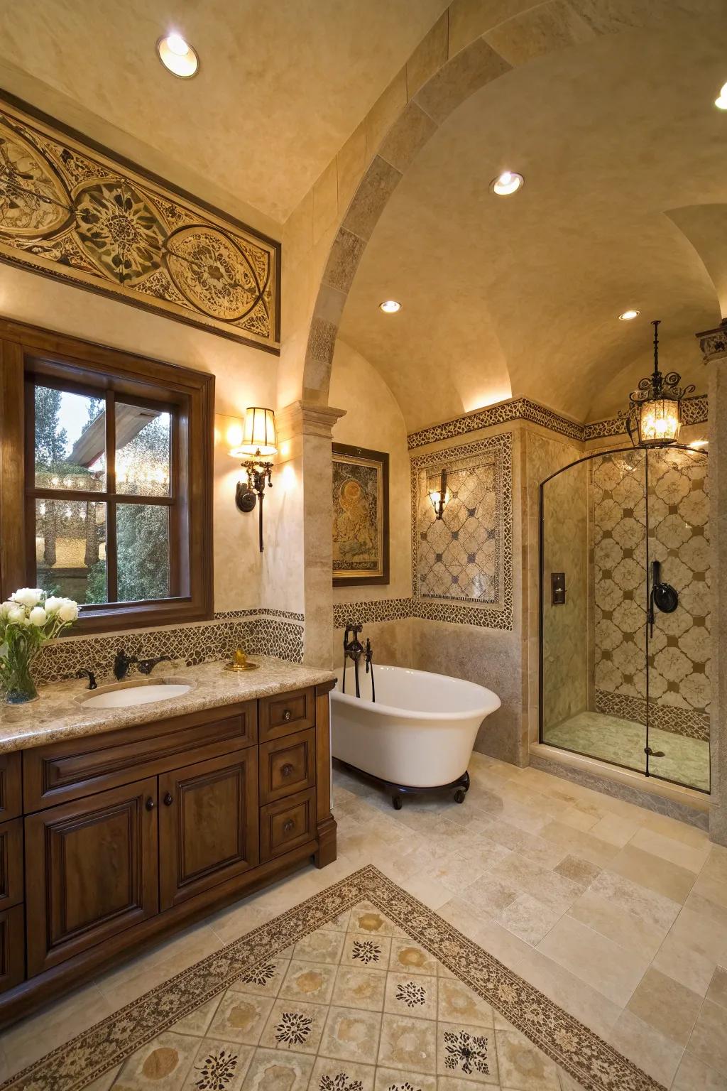 Travertine flooring adds rustic charm with its warm, earthy tones.
